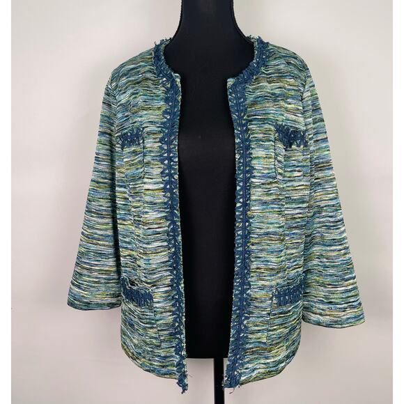 Chico’s Green Teal Tweed Open Front Blazer Cardigan Jacket Size 1 (Medium) - Picture 1 of 9